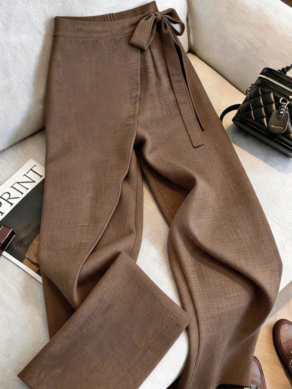 Brown Casual Elegant Women's High-Waist Wrap Wide-Leg Skort Pants - Picture 2 of 7